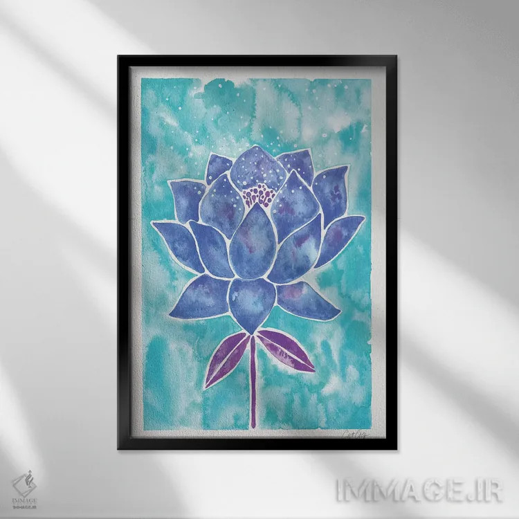 تابلو شکوفه نیلوفر روی زمینه آبی اثر کت کوکیلت - نمای قابدار مشکی