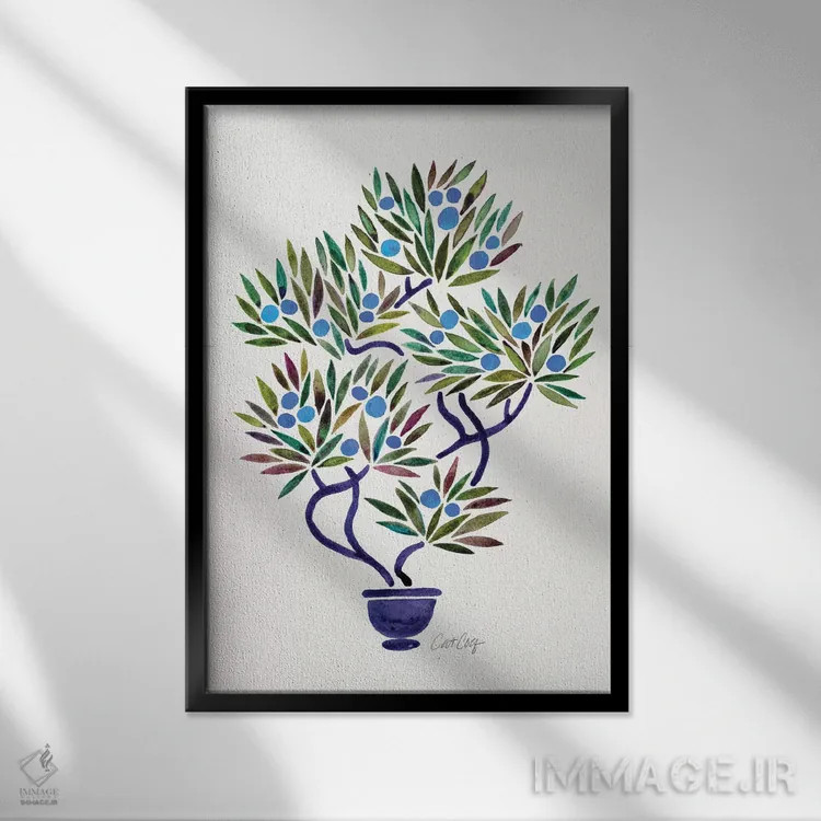 تابلو بونسای آبی و نارنجی اثر کت کوکیلت - نمای قابدار مشکی