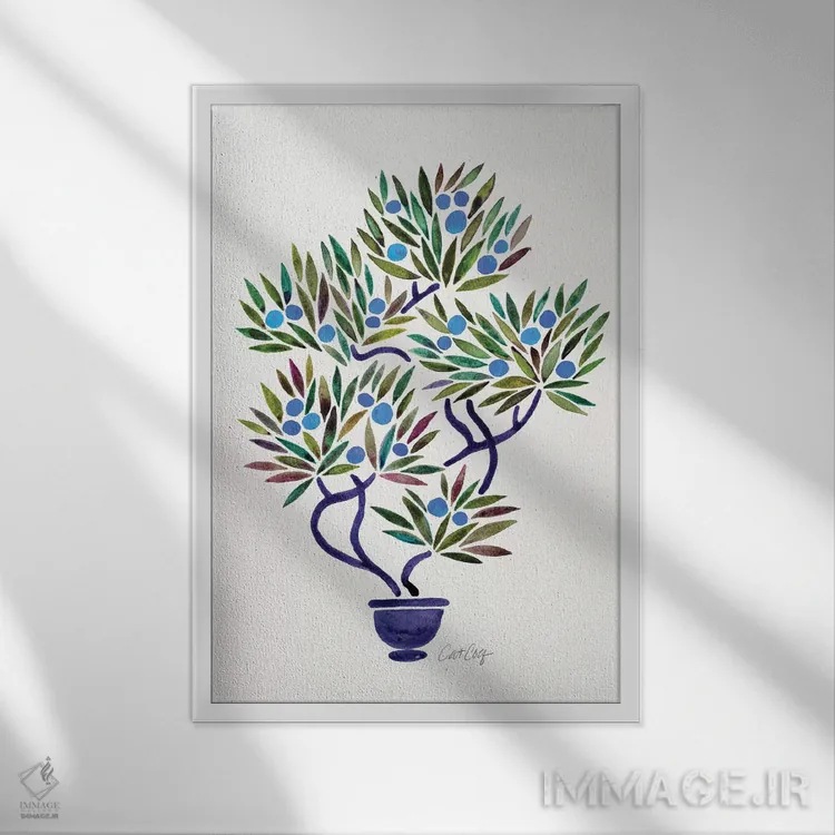 تابلو بونسای آبی و نارنجی اثر کت کوکیلت - نمای قابدار سفید