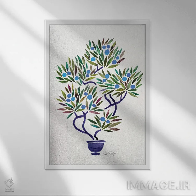 تابلو بونسای آبی و نارنجی اثر کت کوکیلت - نمای قابدار سفید