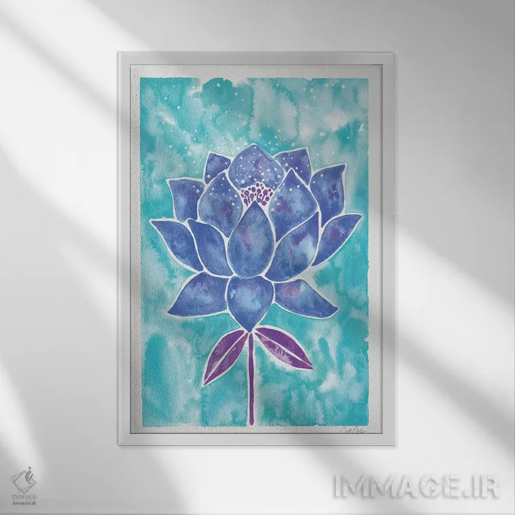تابلو شکوفه نیلوفر روی زمینه آبی اثر کت کوکیلت - نمای قابدار سفید