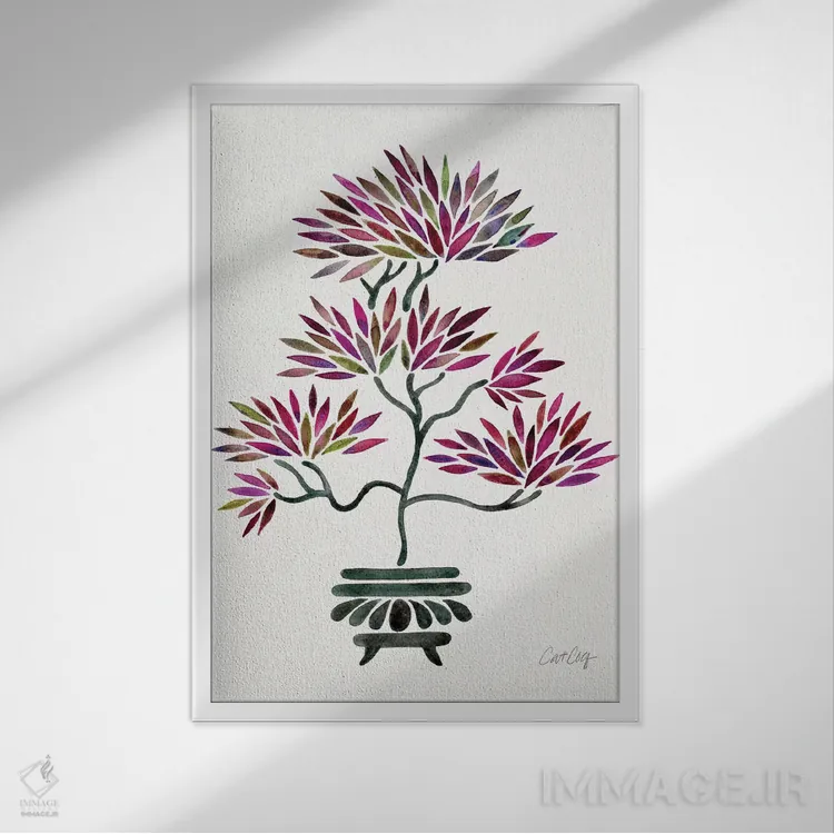 تابلو بونسای صورتی پررنگ (فسیا) اثر کت کوکیلت - نمای قابدار سفید
