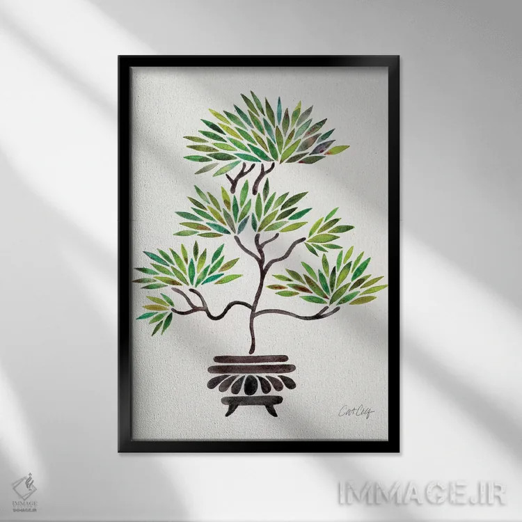 تابلو بونسای سبز اثر کت کوکیلت - نمای قابدار مشکی