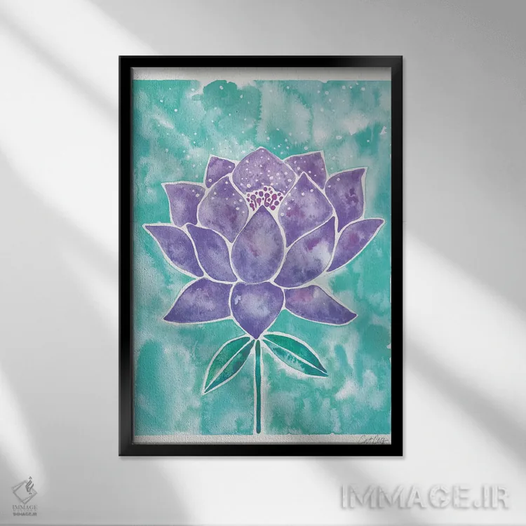 تابلو شکوفه نیلوفر اسطوخودوس و نعناعی اثر کت کوکیلت - نمای قابدار مشکی