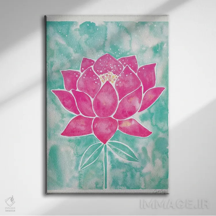 تابلو شکوفه نیلوفر با زمینه نعناعی و صورتی اثر کت کوکیلت - نمای روبهرو روی دیوار