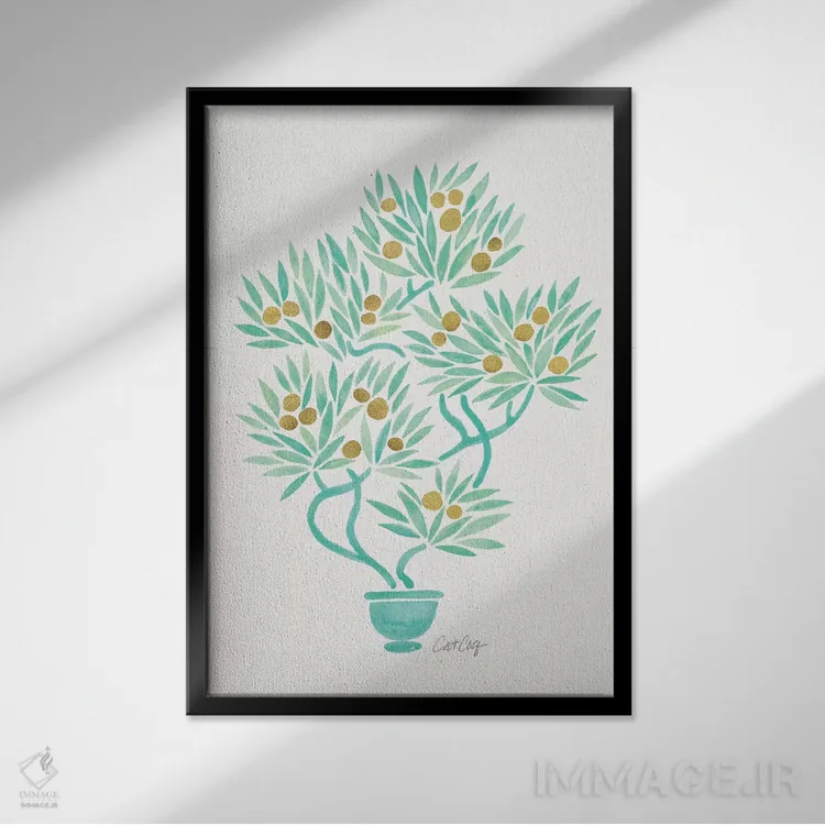 تابلو بونسای نعناعی و نارنجی اثر کت کوکیلت - نمای قابدار مشکی