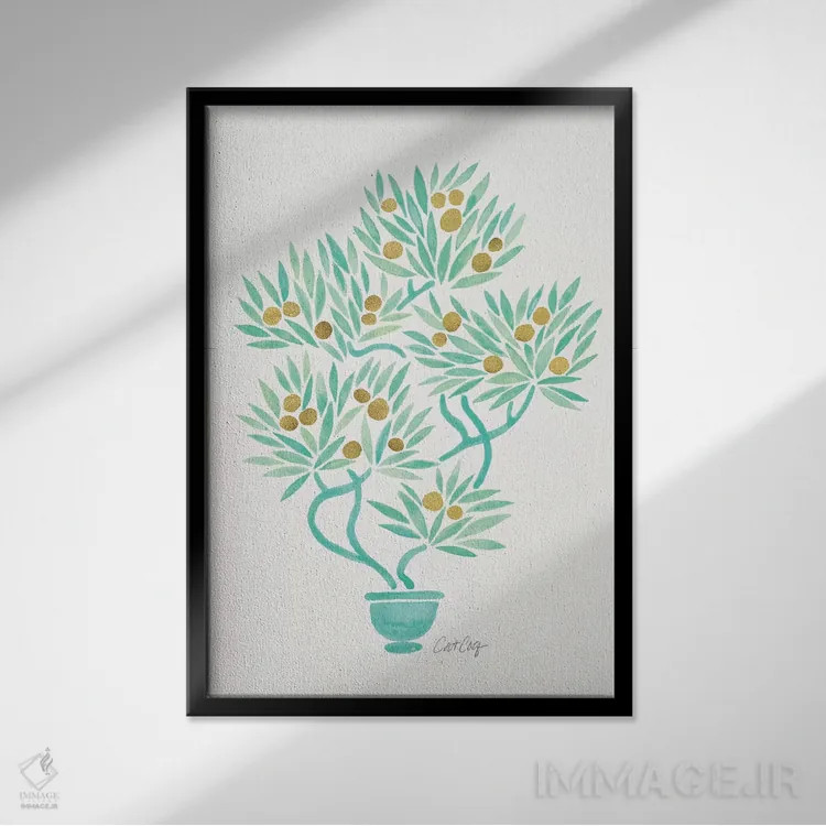 تابلو بونسای نعناعی و نارنجی اثر کت کوکیلت - نمای قابدار مشکی