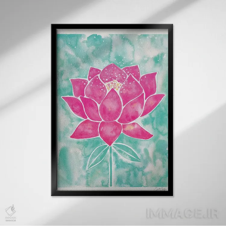 تابلو شکوفه نیلوفر با زمینه نعناعی و صورتی اثر کت کوکیلت - نمای قابدار مشکی