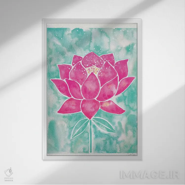 تابلو شکوفه نیلوفر با زمینه نعناعی و صورتی اثر کت کوکیلت - نمای قابدار سفید
