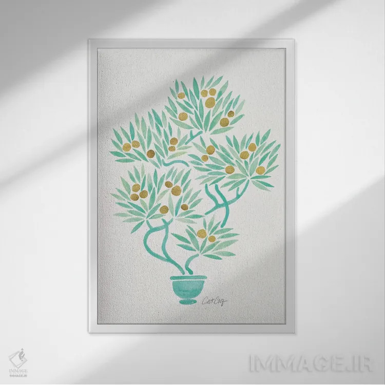 تابلو بونسای نعناعی و نارنجی اثر کت کوکیلت - نمای قابدار سفید