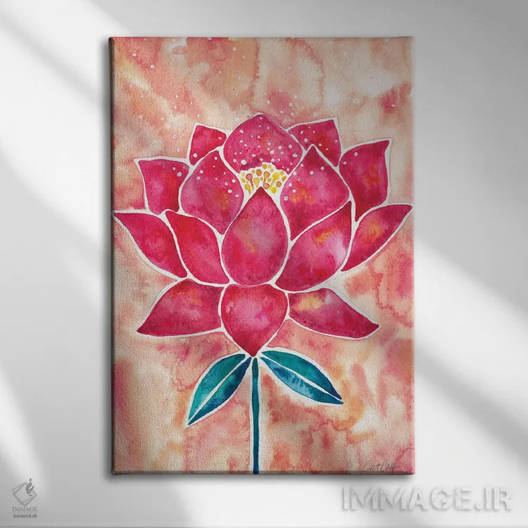 تابلو شکوفه نیلوفر با زمینه هلویی و ارغوانی اثر کت کوکیلت - نمای روبهرو روی دیوار