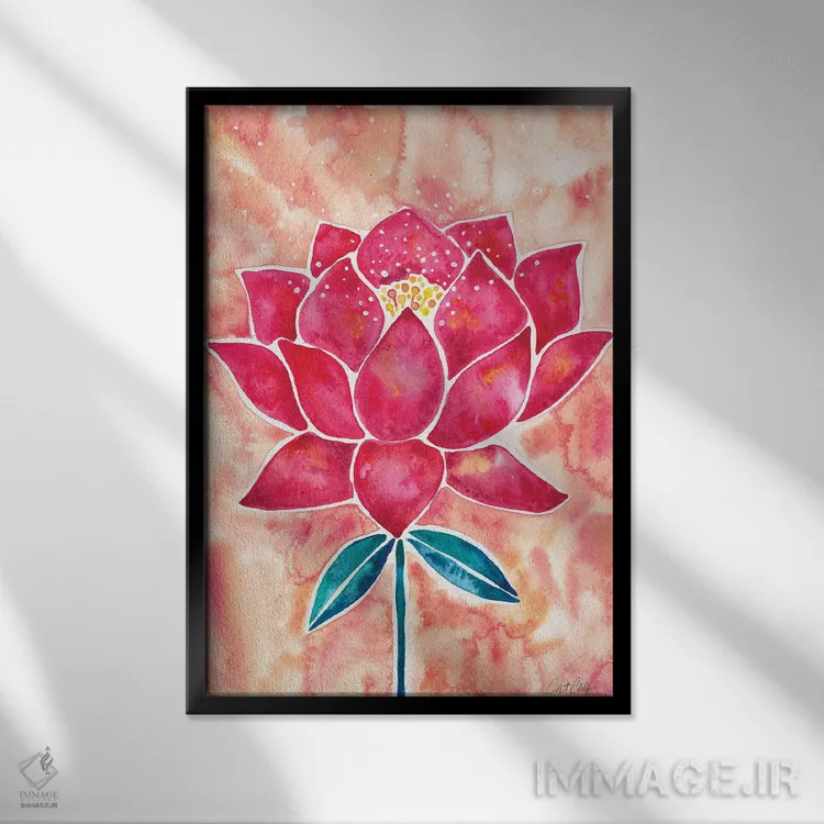 تابلو شکوفه نیلوفر با زمینه هلویی و ارغوانی اثر کت کوکیلت - نمای قابدار مشکی