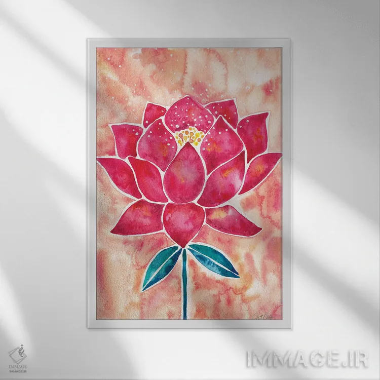 تابلو شکوفه نیلوفر با زمینه هلویی و ارغوانی اثر کت کوکیلت - نمای قابدار سفید