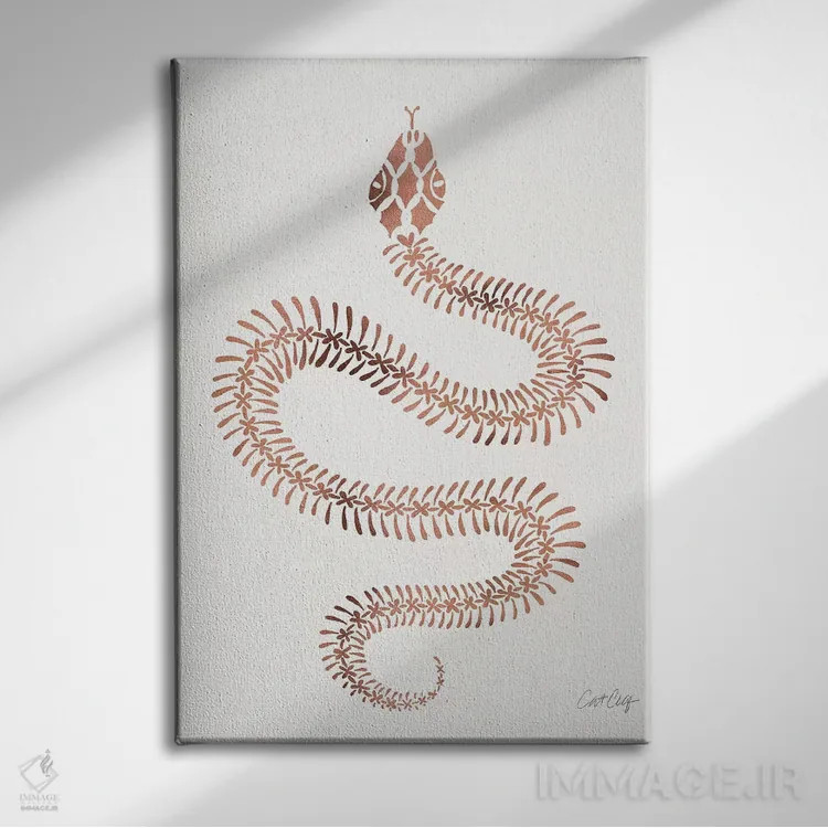 تابلو استخوانبندی مار رز و طلایی اثر کت کوکیلت - نمای روبهرو روی دیوار
