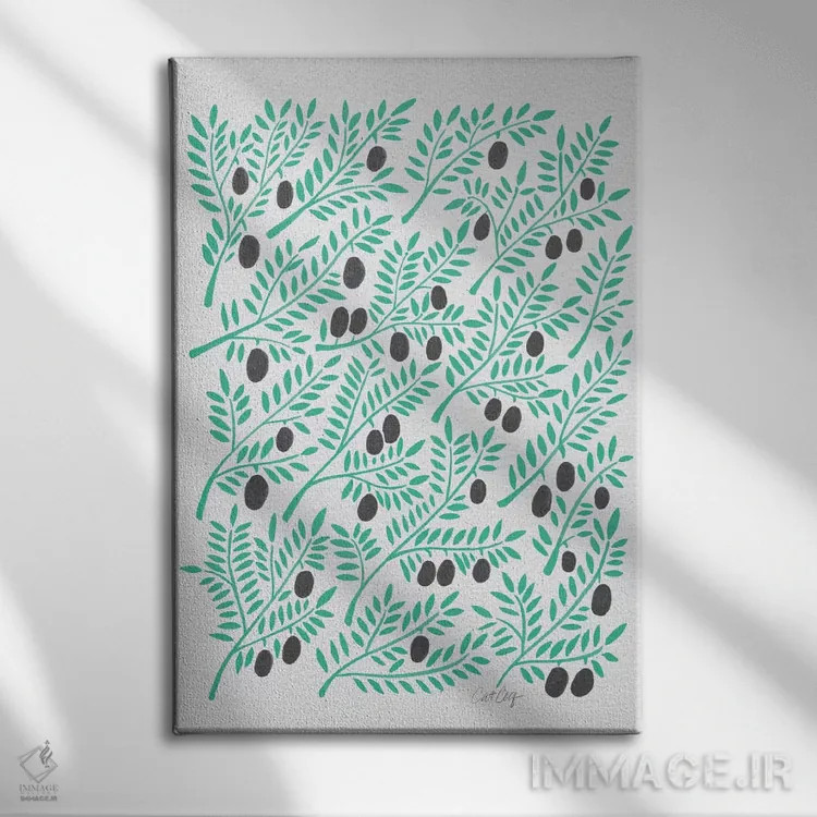 تابلو شاخههای زیتون فیروزهای مشکی اثر کت کوکیلت - نمای روبهرو روی دیوار