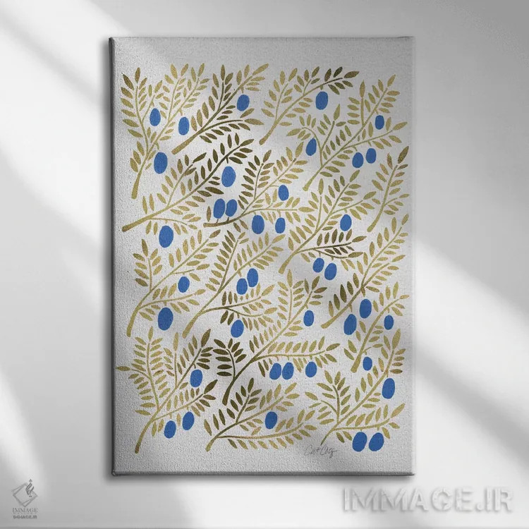 تابلو شاخههای زیتون طلایی آبی اثر کت کوکیلت - نمای روبهرو روی دیوار
