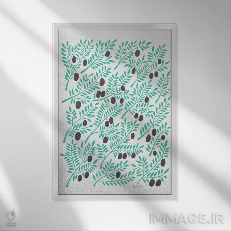 تابلو شاخههای زیتون فیروزهای مشکی اثر کت کوکیلت - نمای قابدار سفید