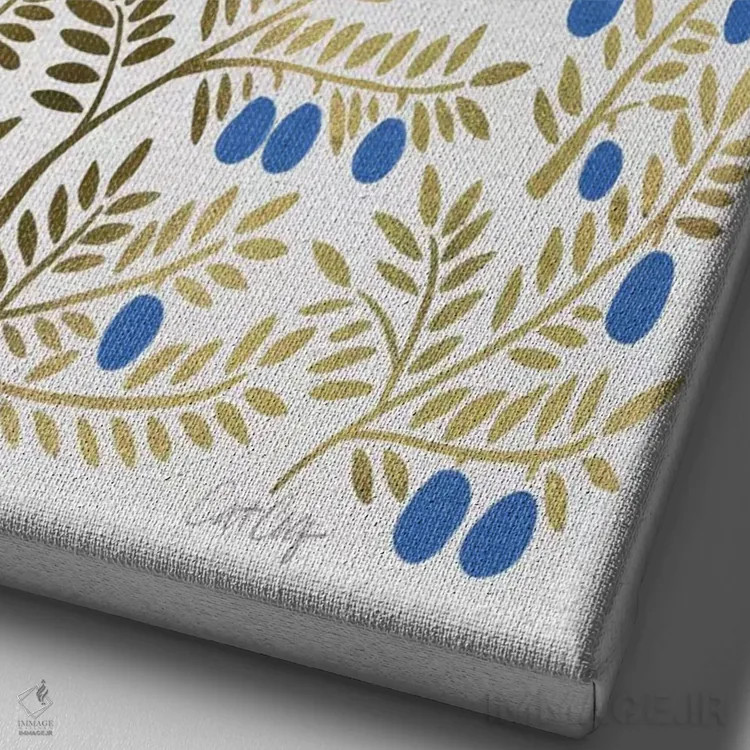 تابلو شاخههای زیتون طلایی آبی اثر کت کوکیلت - نمای نزدیک بافت بوم