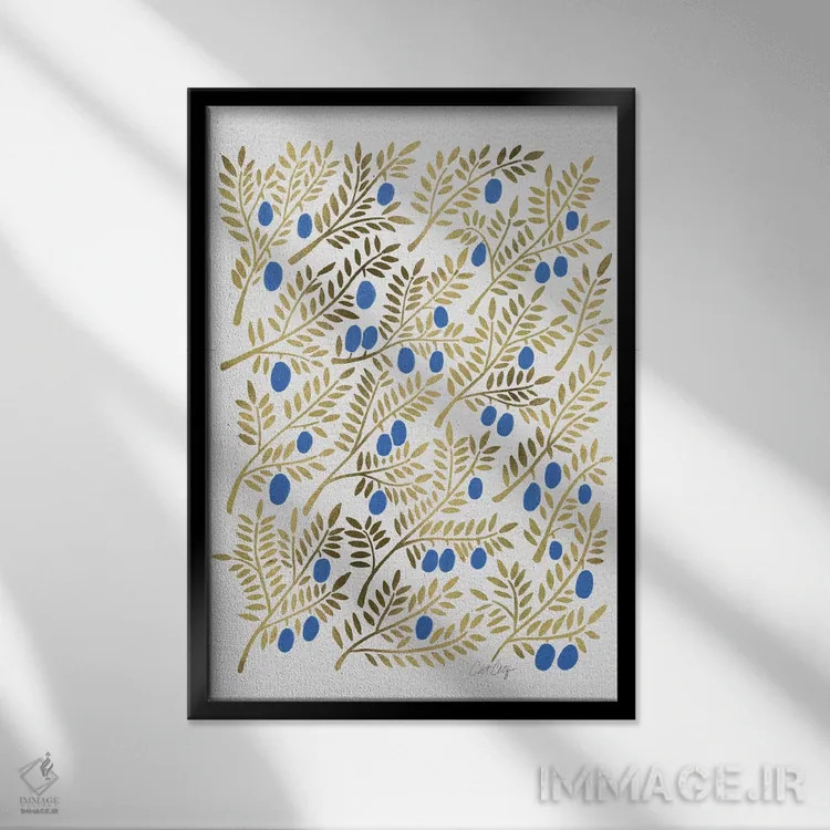 تابلو شاخههای زیتون طلایی آبی اثر کت کوکیلت - نمای قابدار مشکی