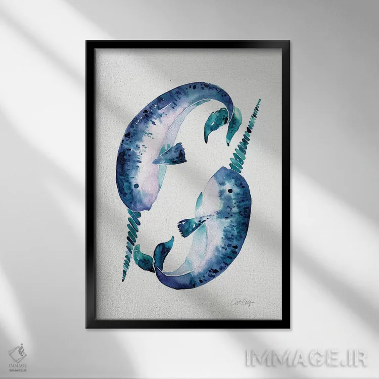 تابلو نارووالهای آبی (نهنگ شاخدار) اثر کت کوکیلت - نمای قابدار مشکی