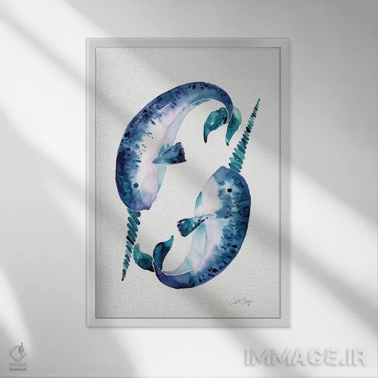 تابلو نارووالهای آبی (نهنگ شاخدار) اثر کت کوکیلت - نمای قابدار سفید