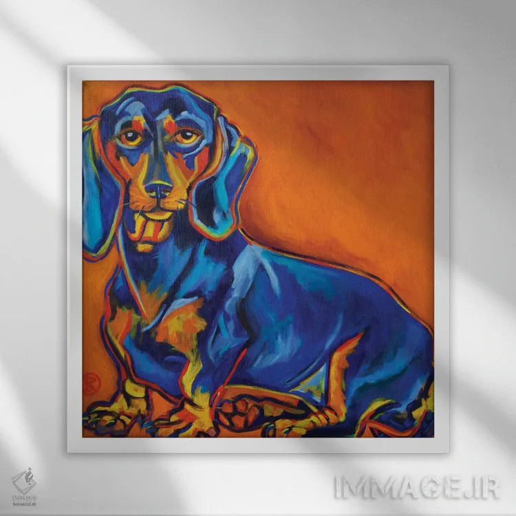 تابلو داشوند آبی (نژاد سگ) اثر ایلین ریچارد - نمای قابدار سفید