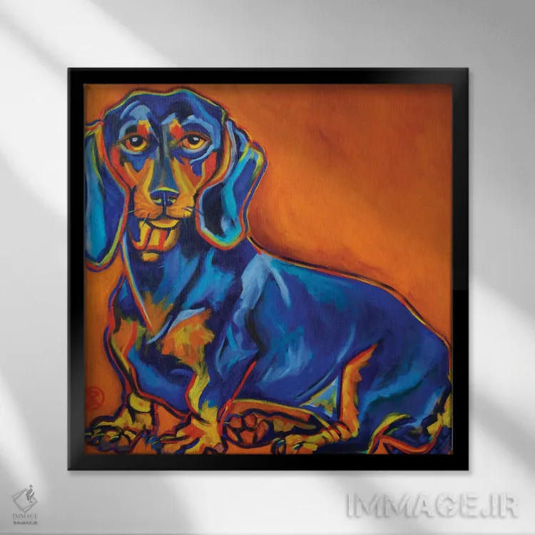 تابلو داشوند آبی (نژاد سگ) اثر ایلین ریچارد - نمای قابدار مشکی