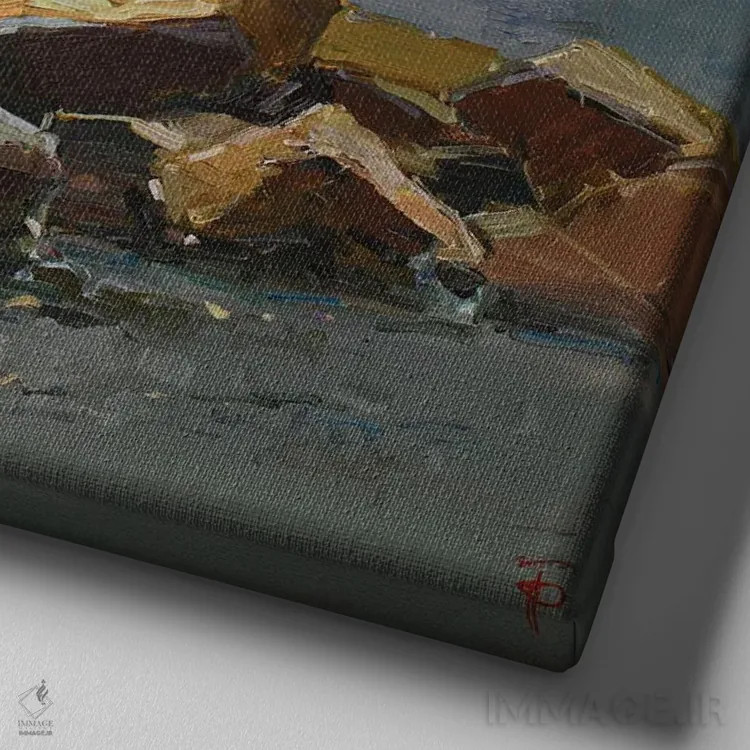 تابلو ساحل سنگی سرزمین سمیریا اثر ایگور پوزدف - نمای نزدیک بافت بوم