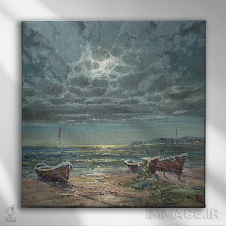 تابلو قایقهای ماهیگیری زیر نور ماه اثر ایگور پوزدف - نمای روبهرو روی دیوار