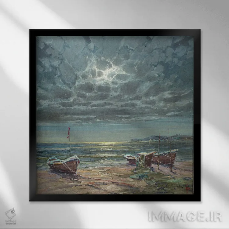 تابلو قایقهای ماهیگیری زیر نور ماه اثر ایگور پوزدف - نمای قابدار مشکی