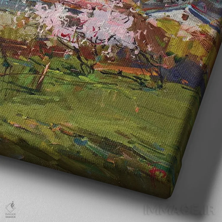 تابلو روستا در دامنه کوه اثر ایگور پوزدف - نمای نزدیک بافت بوم