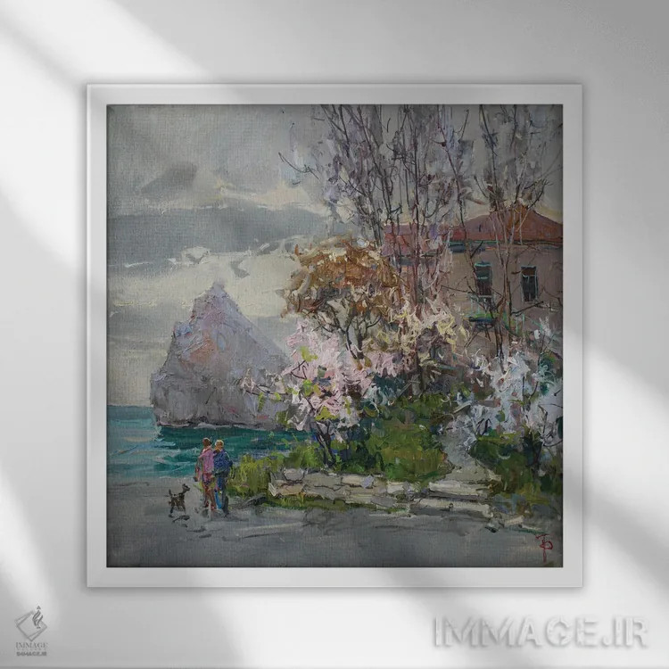 تابلو پیادهروی بهاری کنار دریا اثر ایگور پوزدف - نمای قابدار سفید