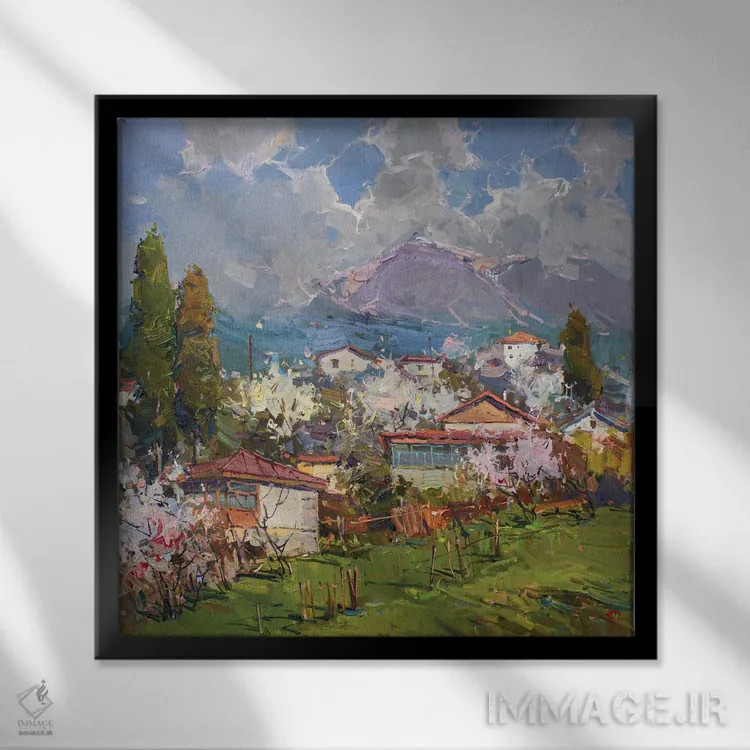 تابلو روستا در دامنه کوه اثر ایگور پوزدف - نمای قابدار مشکی