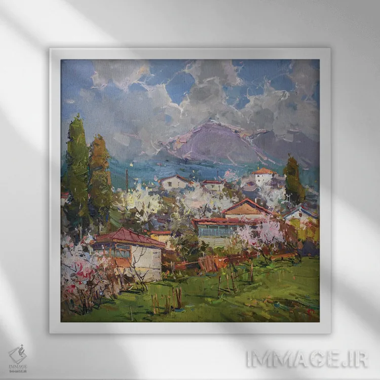 تابلو روستا در دامنه کوه اثر ایگور پوزدف - نمای قابدار سفید