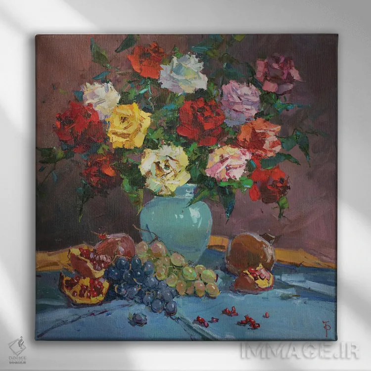 تابلو گل رز با انار و انگور اثر ایگور پوزدف - نمای روبهرو روی دیوار