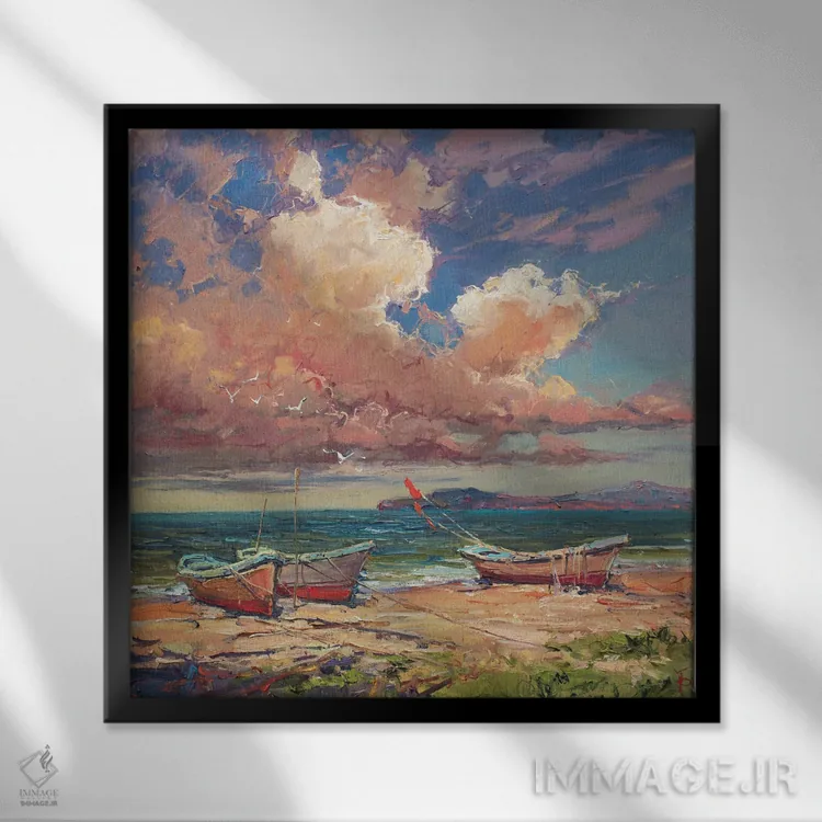 تابلو قایقهای ماهیگیری در صبح اثر ایگور پوزدف - نمای قابدار مشکی