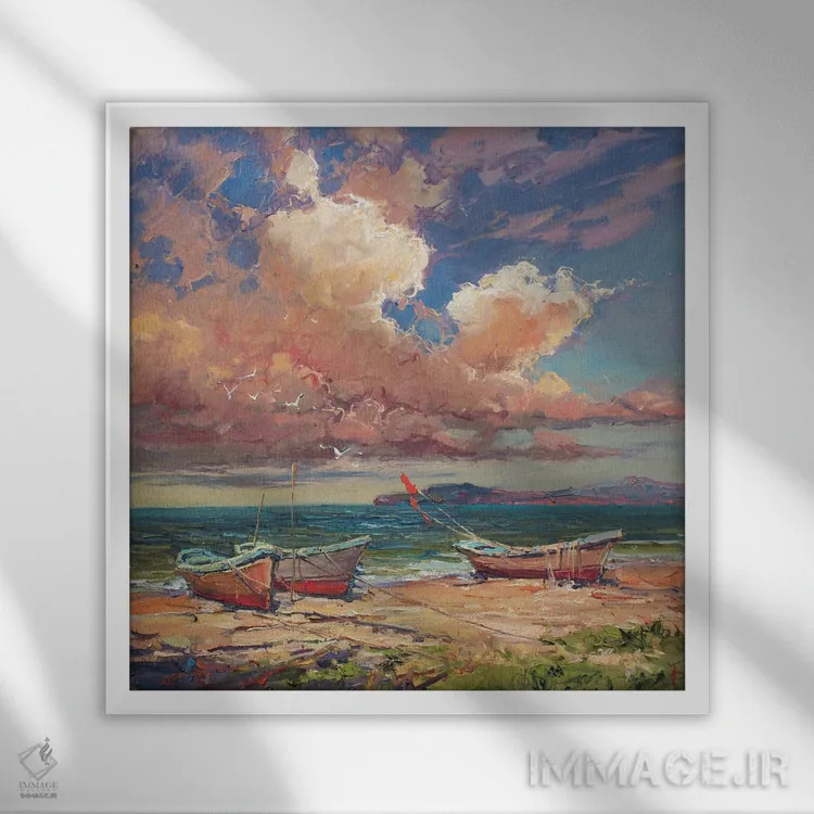 تابلو قایقهای ماهیگیری در صبح اثر ایگور پوزدف - نمای قابدار سفید
