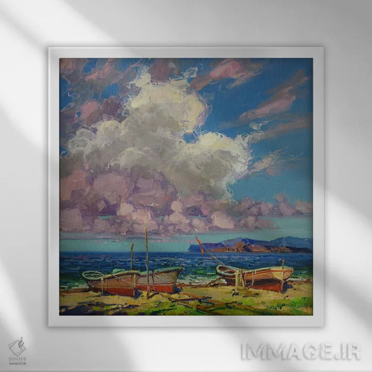 تابلو قایقهای ماهیگیری در ساحل اثر ایگور پوزدف - نمای قابدار سفید