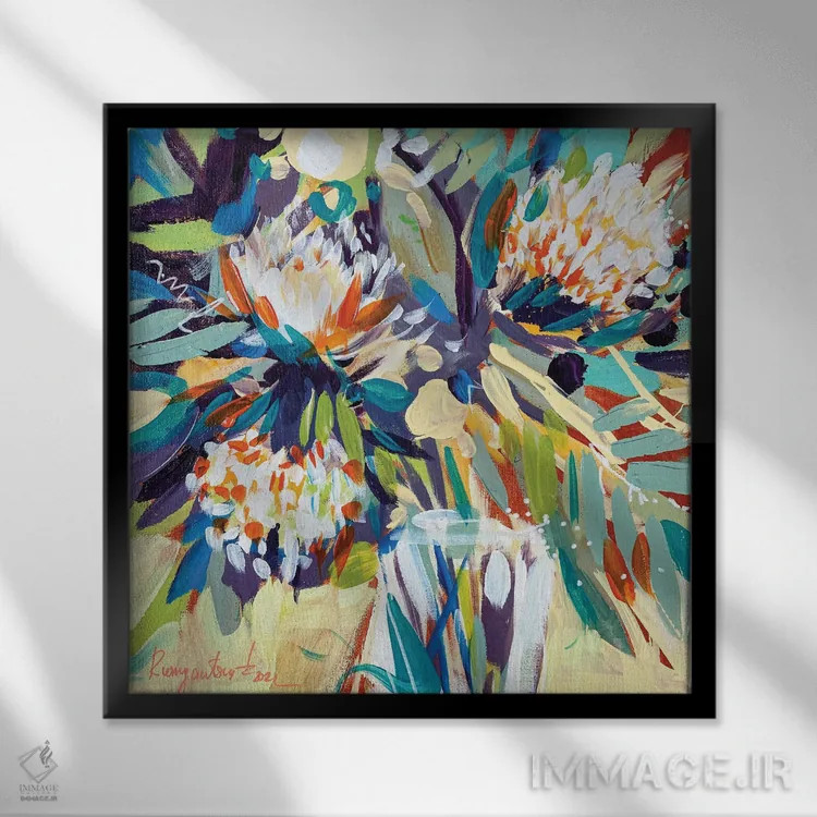 تابلو گلها در گلدان شیشهای اثر ایرینا رومیانسهوا - نمای قابدار مشکی