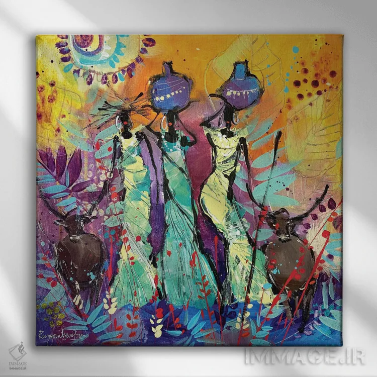 تابلو زنان قبیلهای آفریقایی ۱۰ اثر ایرینا رومیانسهوا - نمای روبهرو روی دیوار