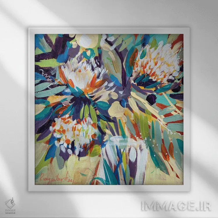 تابلو گلها در گلدان شیشهای اثر ایرینا رومیانسهوا - نمای قابدار سفید