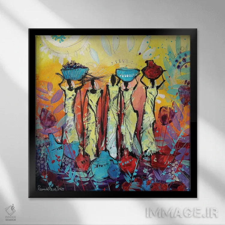 تابلو زنان قبیلهای آفریقایی ۱۴ اثر ایرینا رومیانسهوا - نمای قابدار مشکی