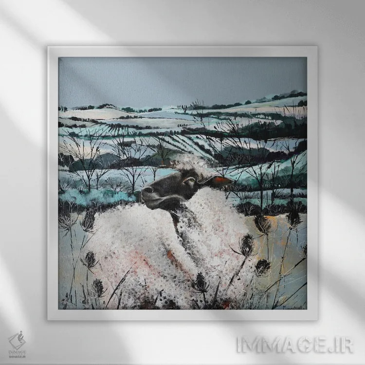 تابلو گوسفندان در حومه روستا اثر ایرینا رومیانسهوا - نمای قابدار سفید