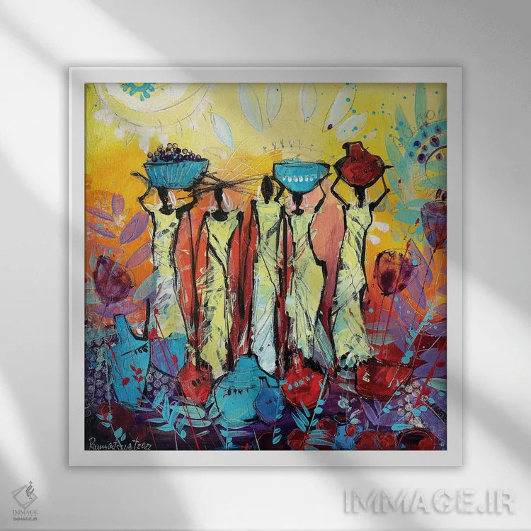 تابلو زنان قبیلهای آفریقایی ۱۴ اثر ایرینا رومیانسهوا - نمای قابدار سفید