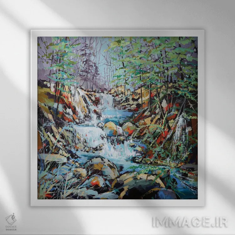 تابلو آبشار رودخانه اثر ایرینا رومیانسهوا - نمای قابدار سفید