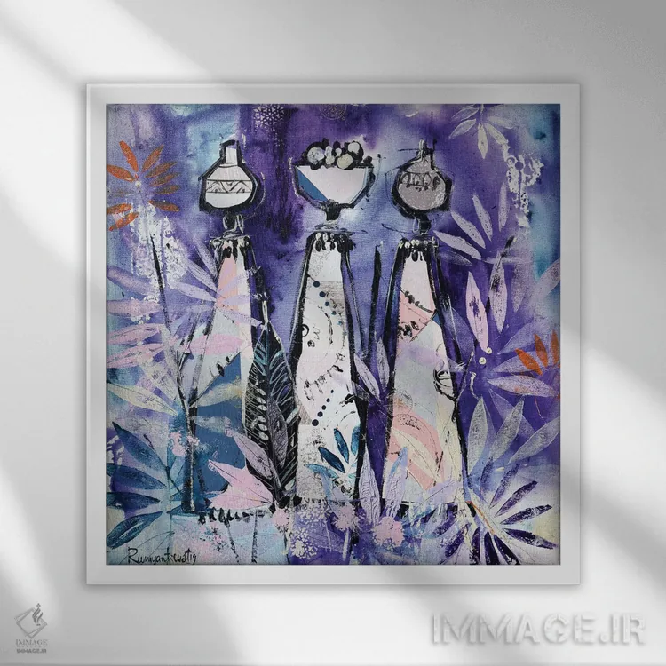 تابلو زنان قبیلهای آفریقایی ۱۶ اثر ایرینا رومیانسهوا - نمای قابدار سفید