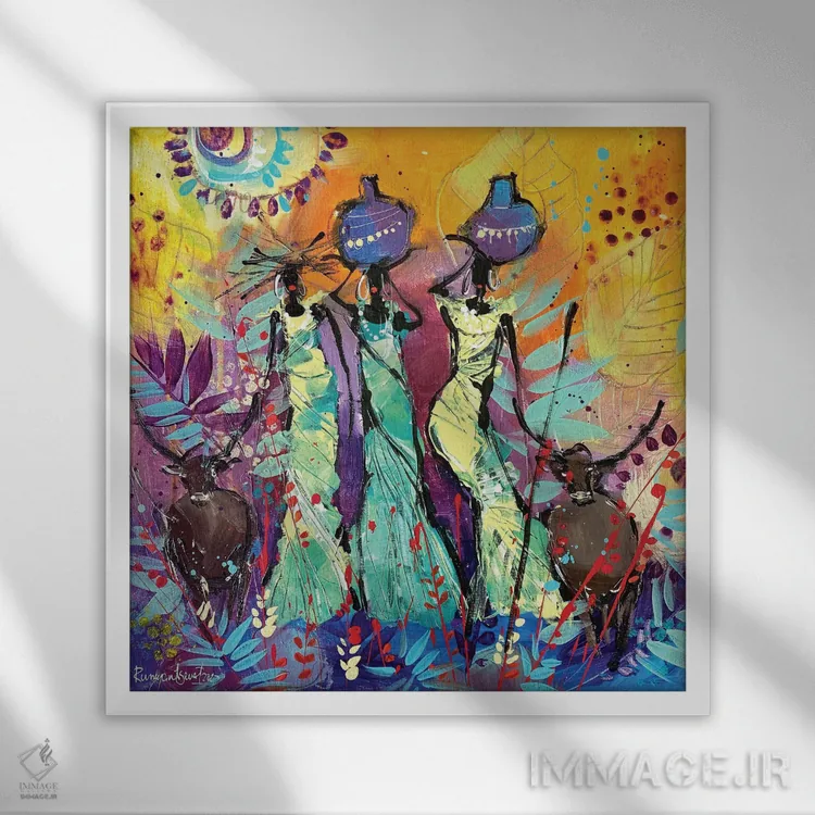 تابلو زنان قبیلهای آفریقایی ۱۰ اثر ایرینا رومیانسهوا - نمای قابدار سفید