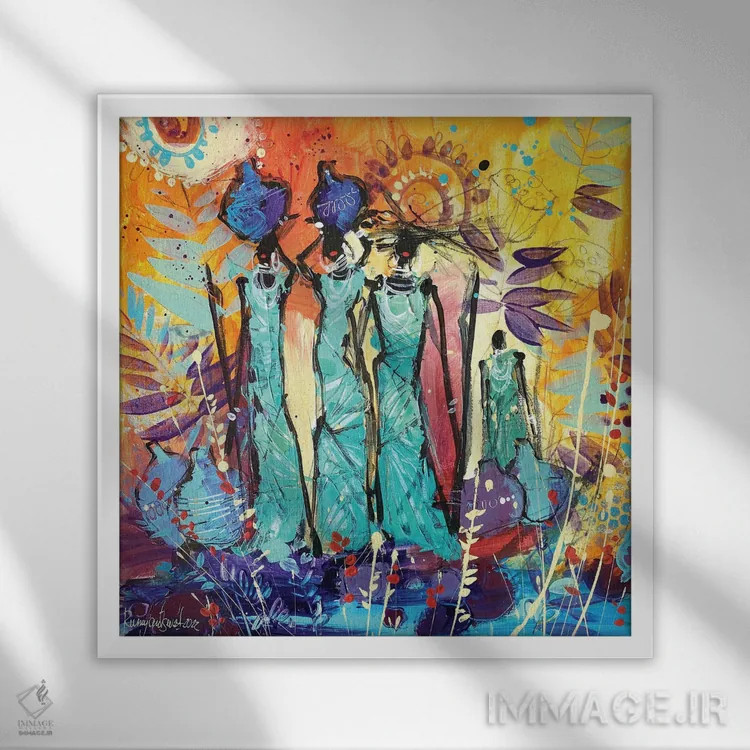 تابلو زنان قبیلهای آفریقایی ۱۱ اثر ایرینا رومیانسهوا - نمای قابدار سفید