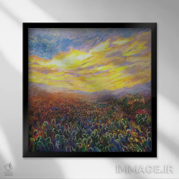 تابلو طلوع آفتاب با کاکتوسها اثر آیریس اسکات - نمای قابدار مشکی