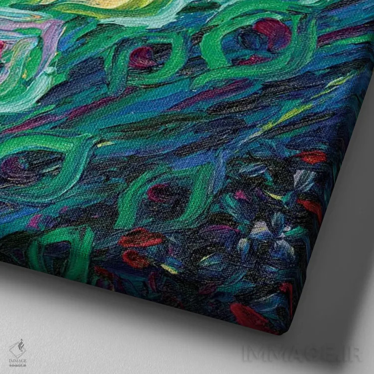 تابلو تابلوی دو بخشی طاووس سیاه بخش اول اثر آیریس اسکات - نمای نزدیک بافت بوم